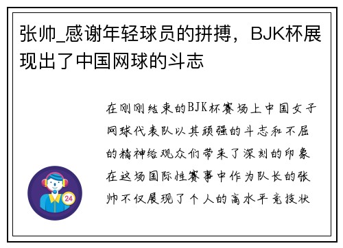 张帅_感谢年轻球员的拼搏，BJK杯展现出了中国网球的斗志